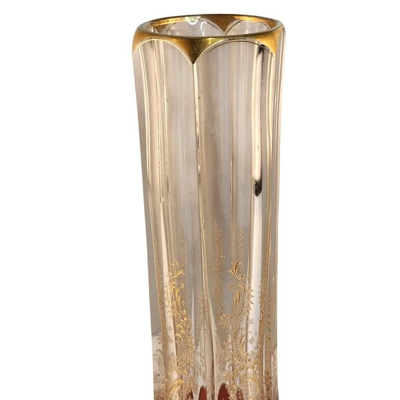 Antique Bohemian Crystal Bud Vase Clear Red Gold Etched Floral Design 9.75" Tall - Picture 6 of 13